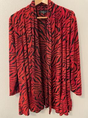 Calessa Cardigan Womens XL Red Black Animal Print Open Front Knit Stretch Artsy